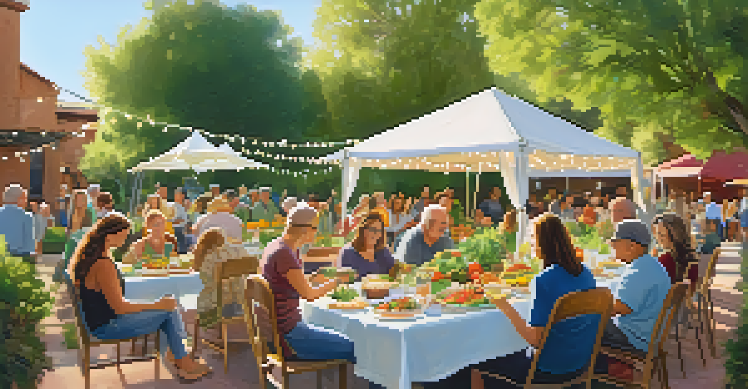 A potluck dinner in a Sedona community garden, with residents sharing meals and enjoying the warm atmosphere under string lights.