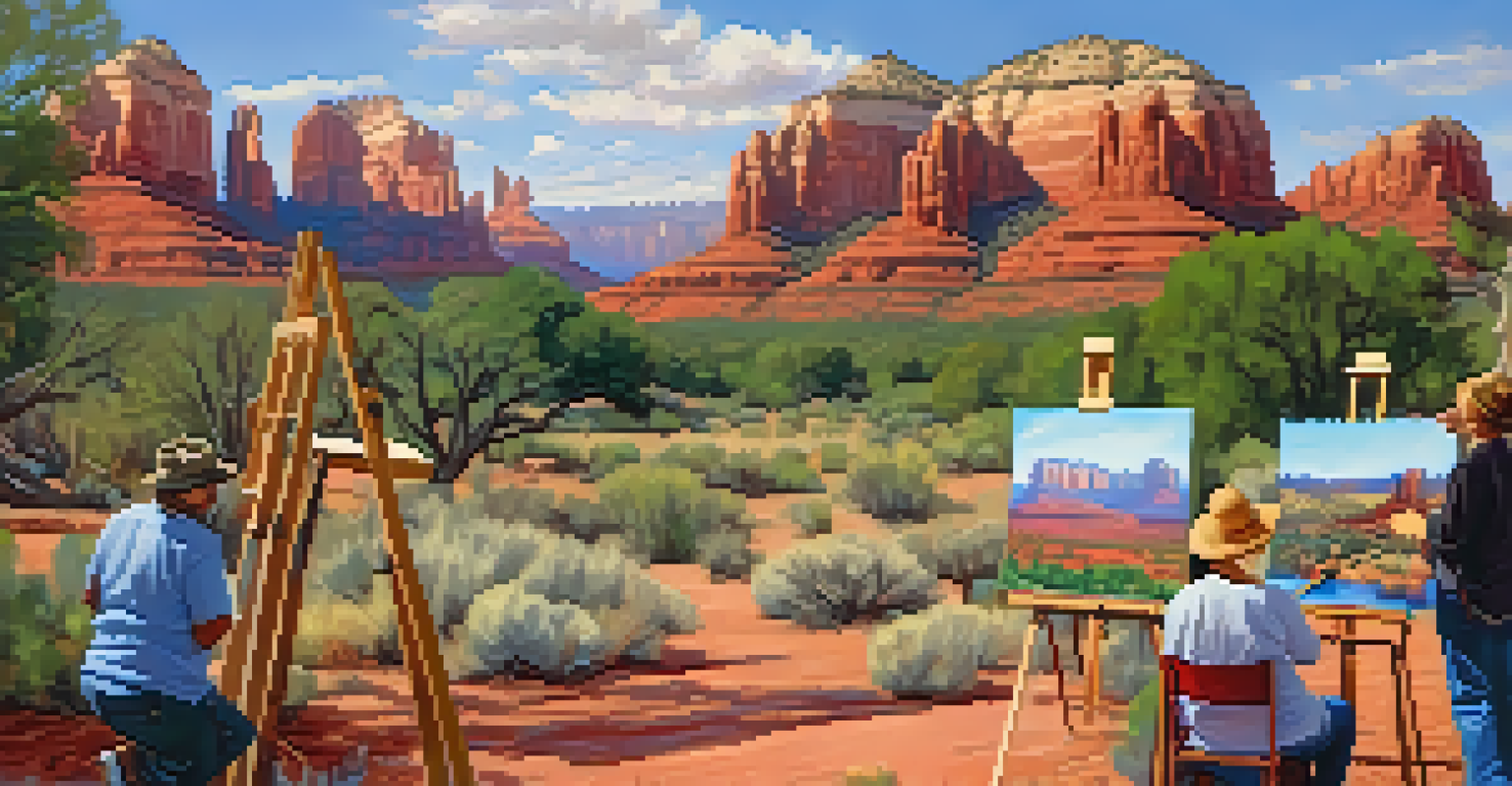 Local artists gathering along a historic route in Sedona, painting vibrant landscapes against red rock formations.