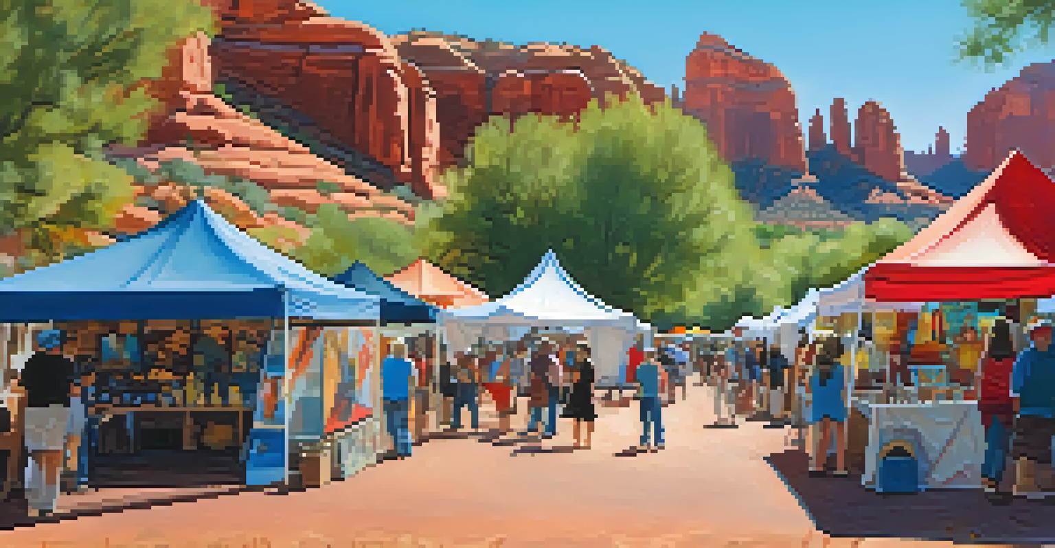 A colorful outdoor scene of the Sedona Arts Festival with artists showcasing their artworks and people enjoying the event.