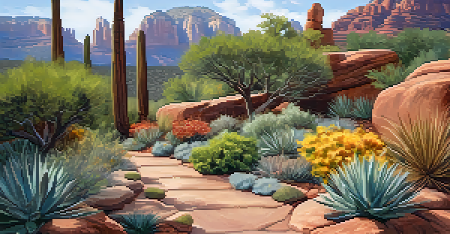 An aerial view of a xeriscaped garden in Sedona with native plants and a drip irrigation system.