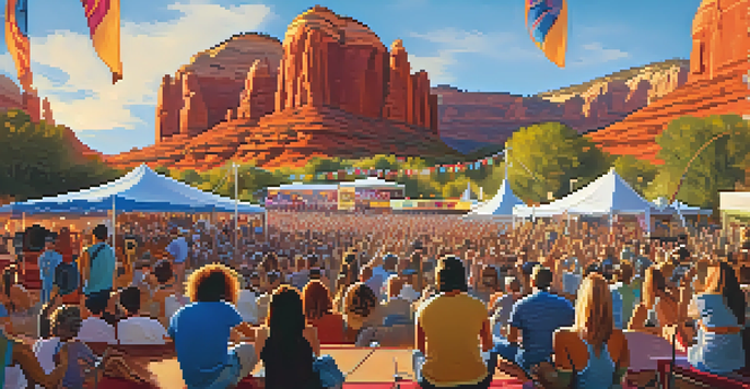 A lively outdoor music festival in Sedona with red rock formations in the background, colorful lights, and a crowd dancing.