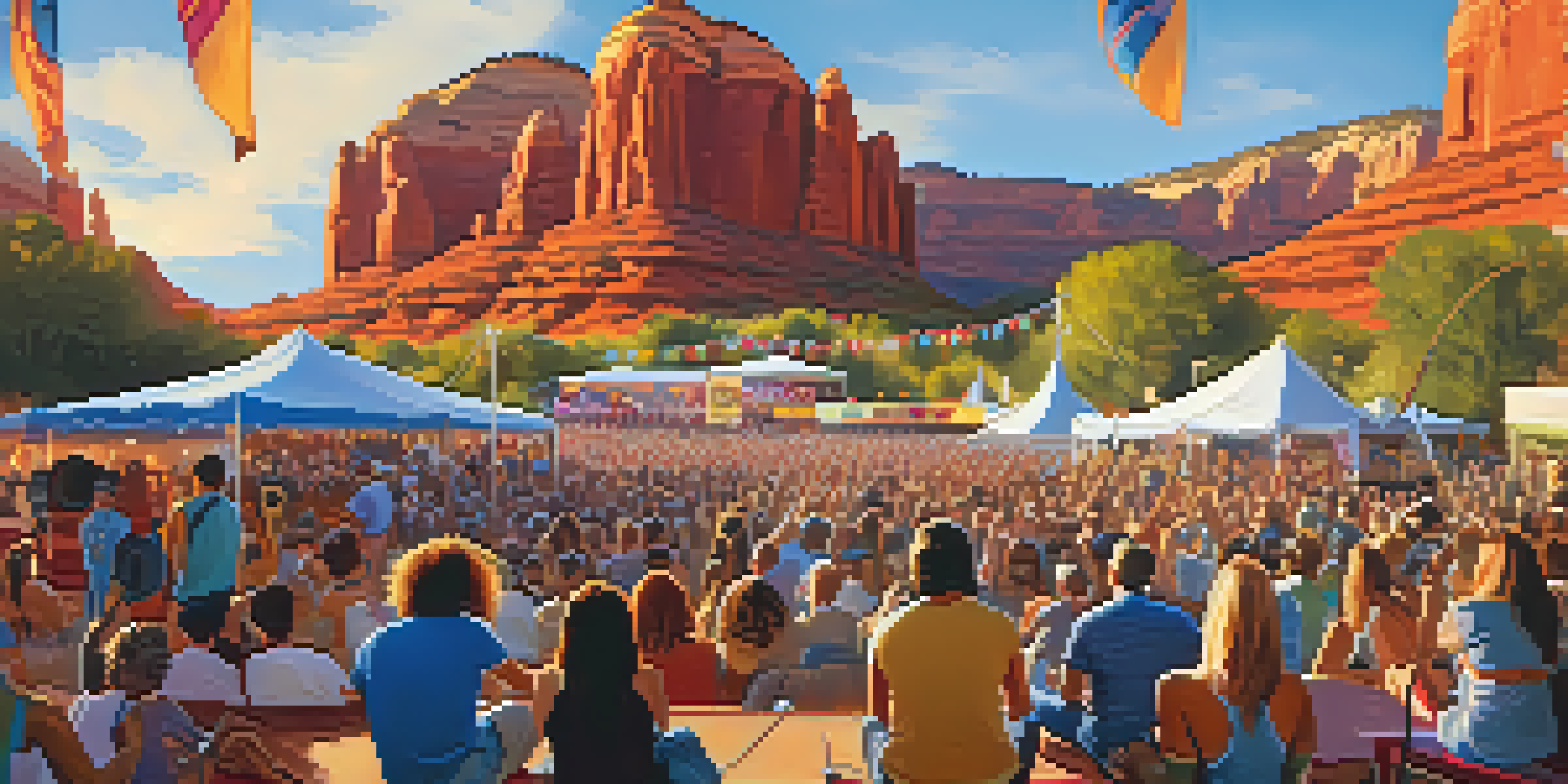 A lively outdoor music festival in Sedona with red rock formations in the background, colorful lights, and a crowd dancing.