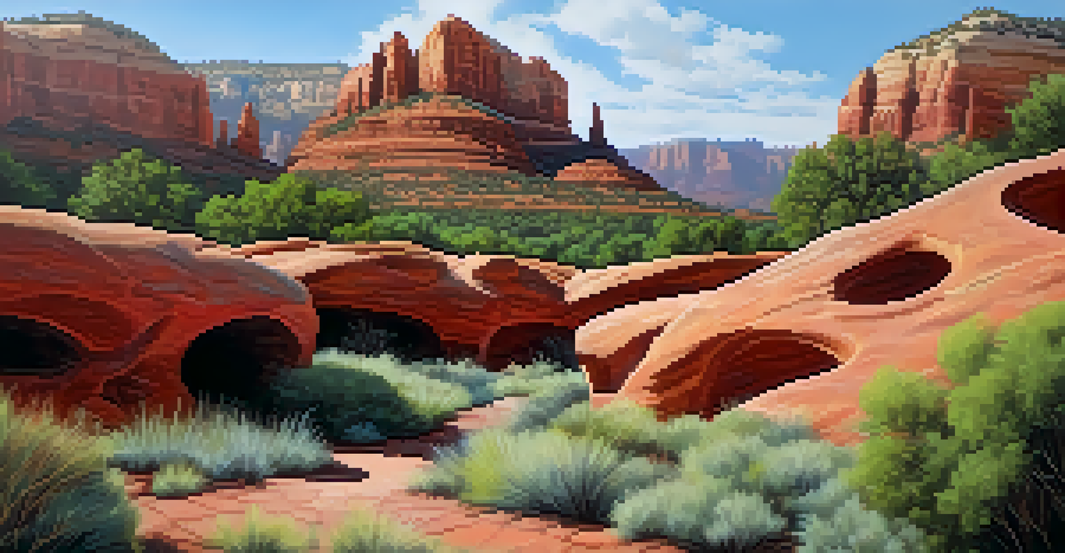 A peaceful landscape of Sedona showcasing a colorful public art sculpture amidst red rocks and greenery.