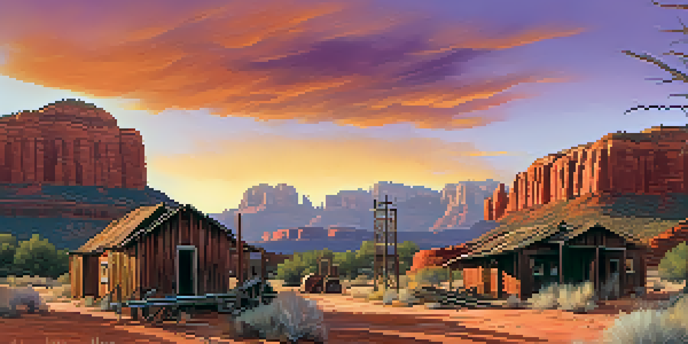 A panoramic view of an abandoned ghost town at sunset with red rock formations in the background.