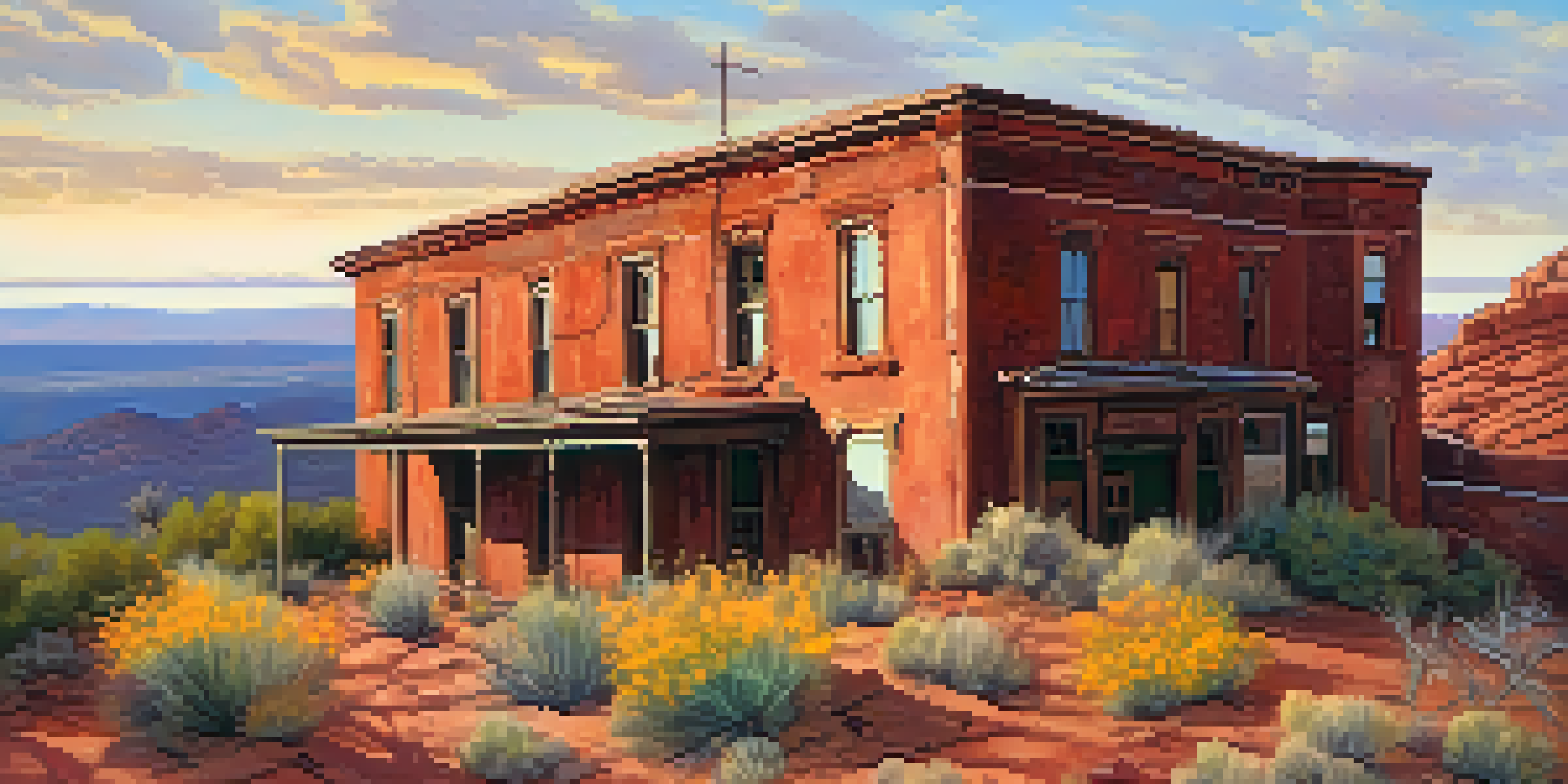 An abandoned building in Jerome, Arizona, illuminated by sunset, surrounded by red rocks and wildflowers.