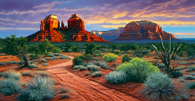 A picturesque sunset over Sedona's red rocks with a path leading to a Navajo ceremonial site.