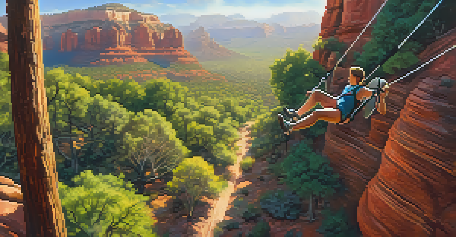 A person ziplining through trees with red rock landscape in the background, capturing the thrill of the adventure.