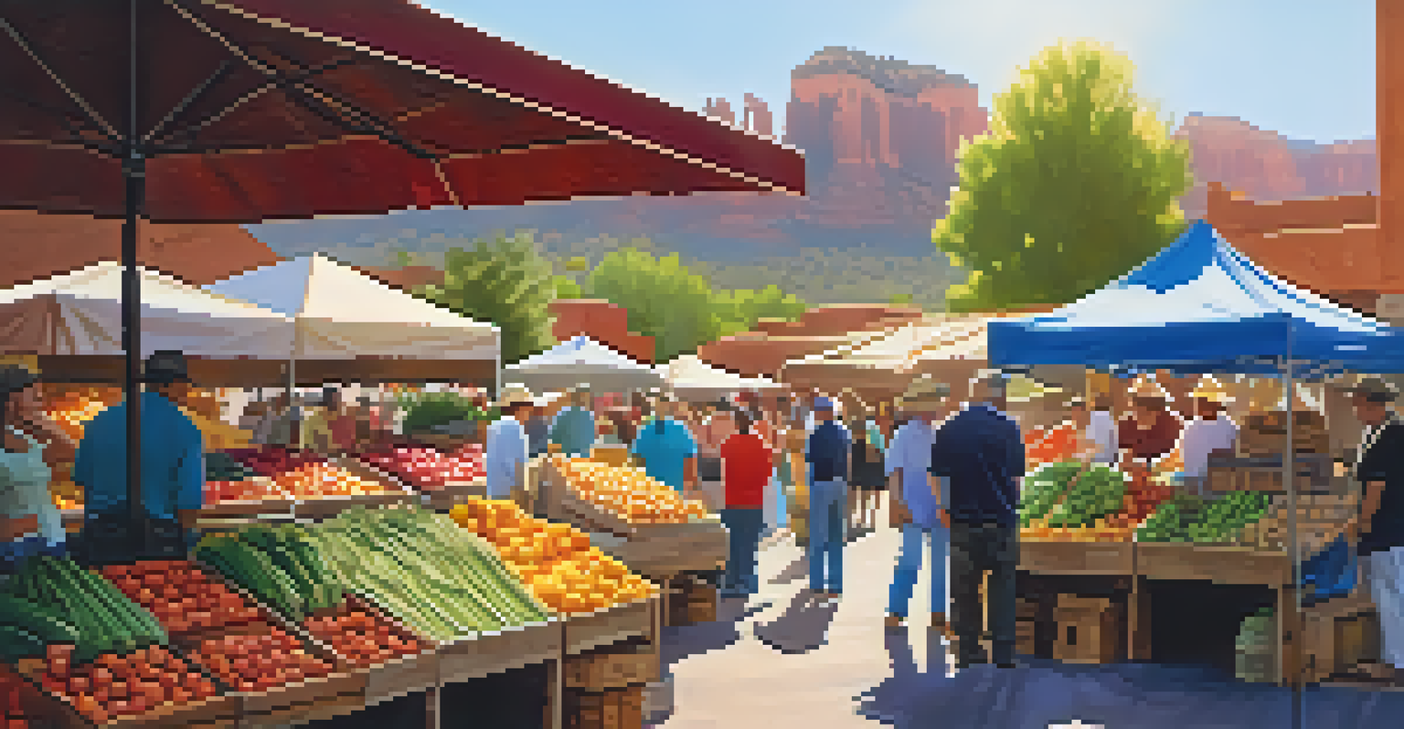 A bustling farmers' market in Sedona with colorful stalls and fresh produce.