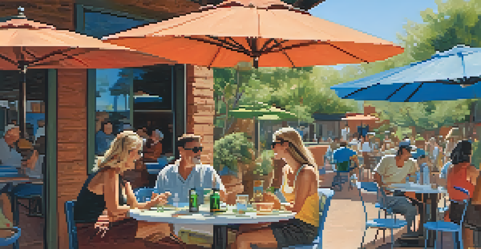 A happy dog stands by its owner at the outdoor patio of Sedona Beer Company, surrounded by diners, colorful umbrellas, and greenery.