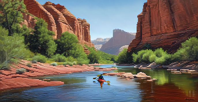 A beginner kayaker paddling on Oak Creek, surrounded by red rock formations and greenery under a bright blue sky.