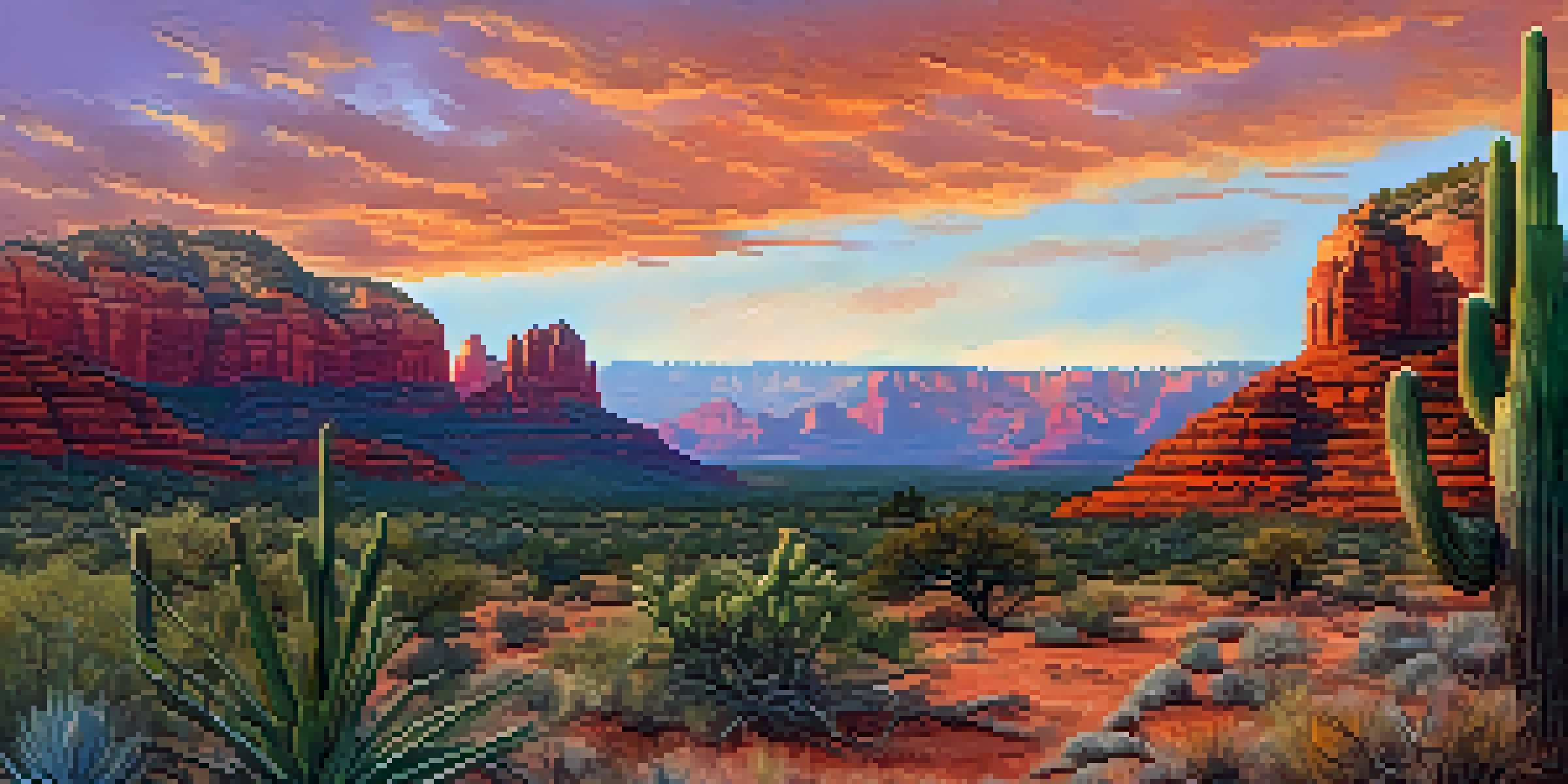 A breathtaking sunset view of Sedona's red rock formations with vibrant colors in the sky and desert plants in the foreground.