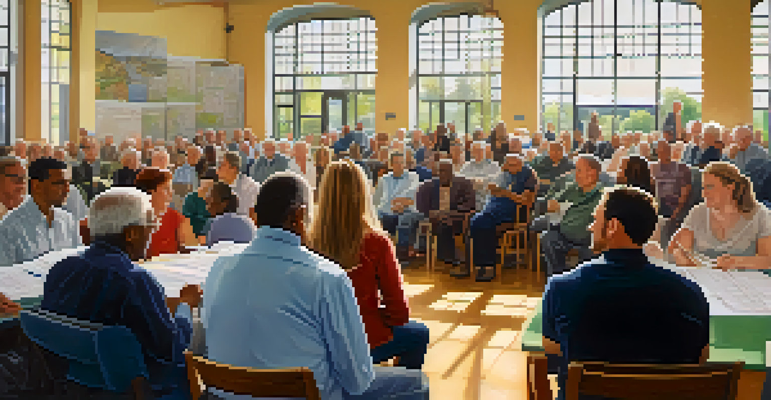 Community members discussing development proposals in a lively public meeting.