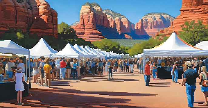 A lively outdoor art festival in Sedona with artists showcasing their works against the stunning red rock backdrop.
