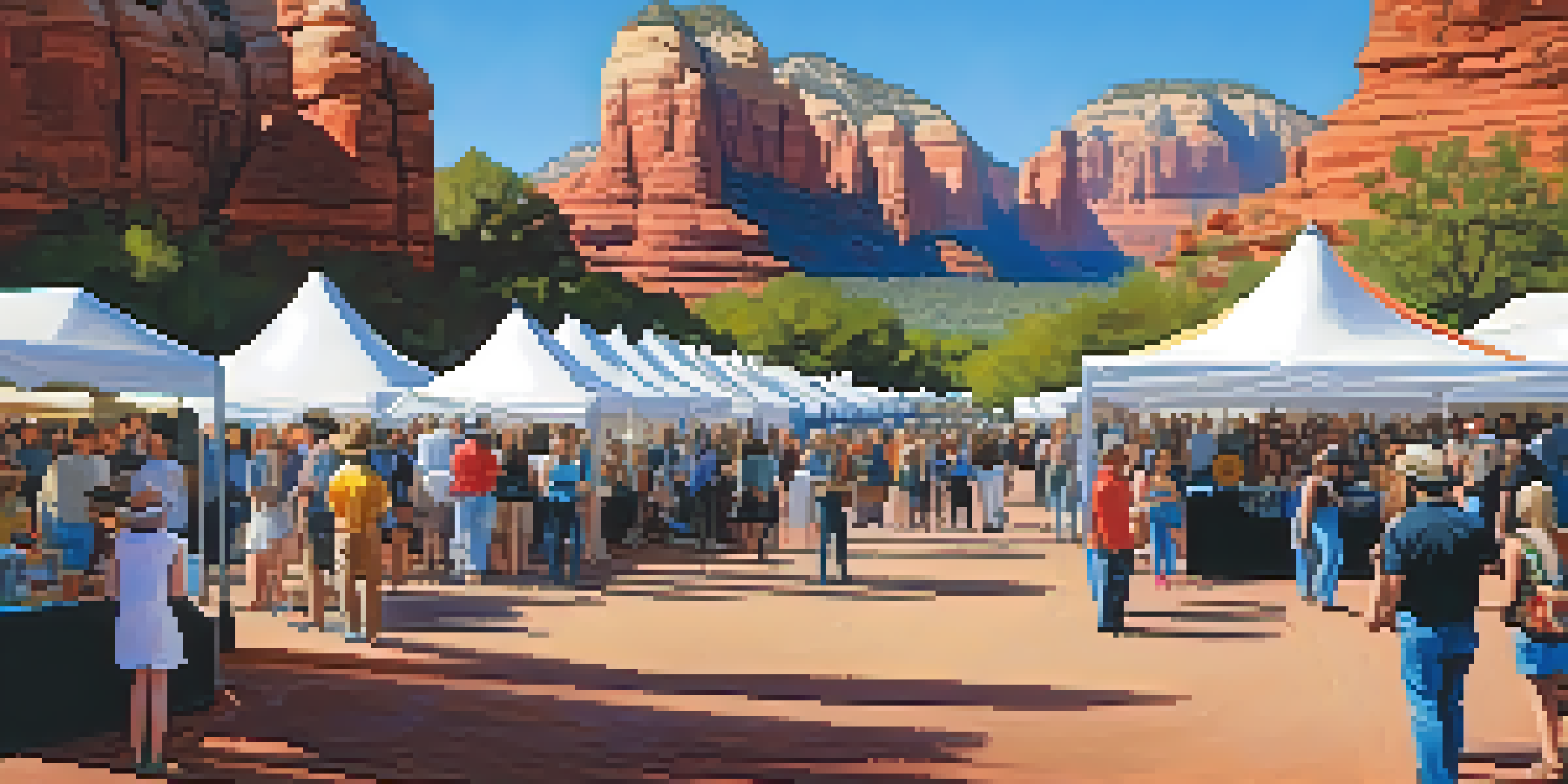 A lively outdoor art festival in Sedona with artists showcasing their works against the stunning red rock backdrop.