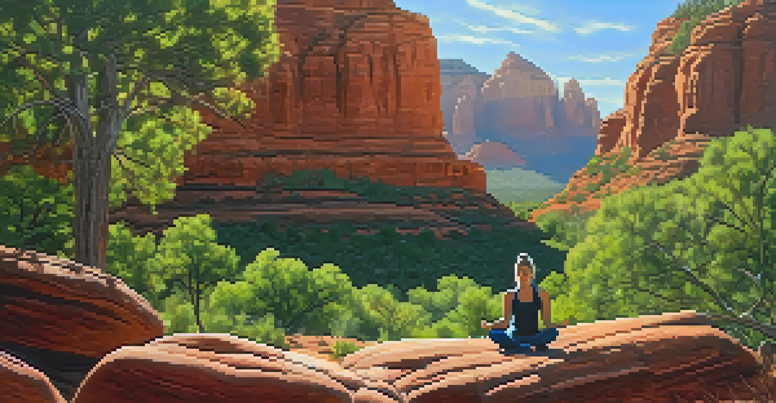 A person practicing yoga on a rocky outcrop at a Sedona vortex site, surrounded by green trees and red rocks under a blue sky.