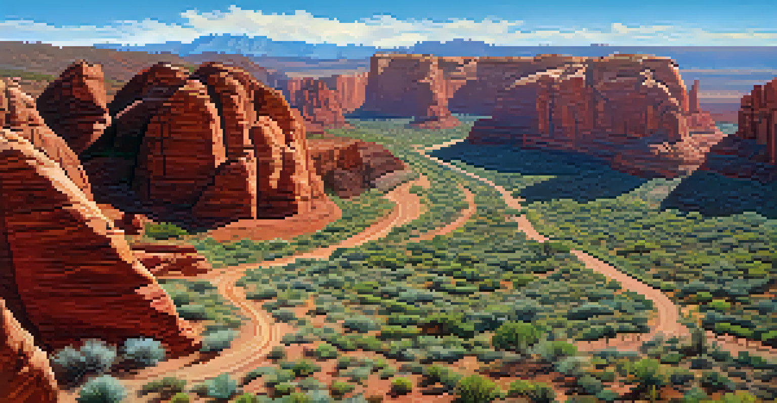 An aerial view of Red Rock State Park in Sedona, with hikers on trails surrounded by red rock cliffs and colorful desert flora.
