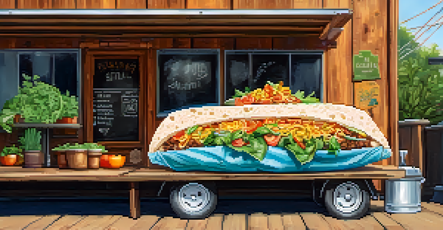 A close-up of a vibrant vegan burrito on a rustic wooden table, with fresh herbs and a chalkboard sign in the background.
