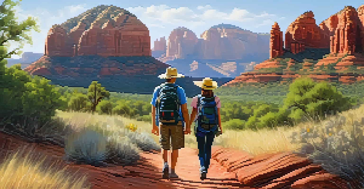 A couple hiking along a scenic trail in Sedona, with red rock formations in the background and vibrant wildflowers around them.
