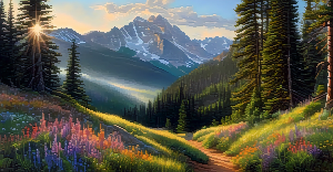 A scenic view of Lizard Head Trail with sunlight filtering through trees, a winding path, and colorful wildflowers.