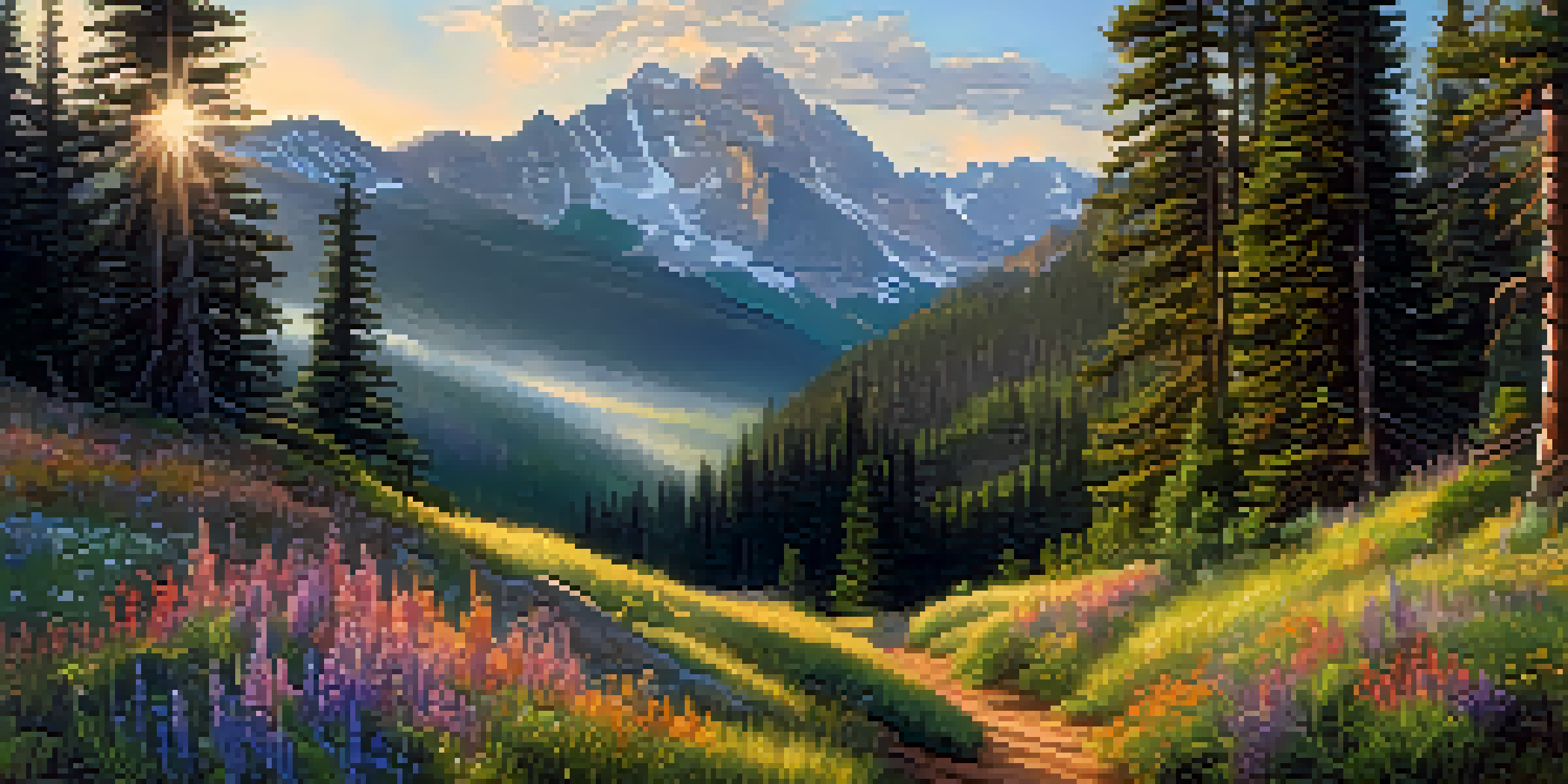 A scenic view of Lizard Head Trail with sunlight filtering through trees, a winding path, and colorful wildflowers.