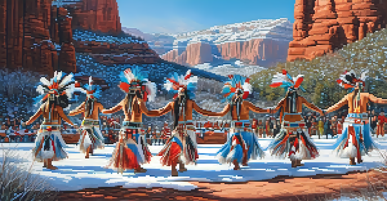 Native American dancers performing during a winter celebration in Sedona, with colorful regalia and snow-dusted red rocks in the background.