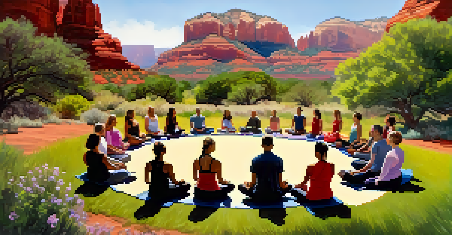 A meditation circle with participants sitting on yoga mats and red rock cliffs in the background.