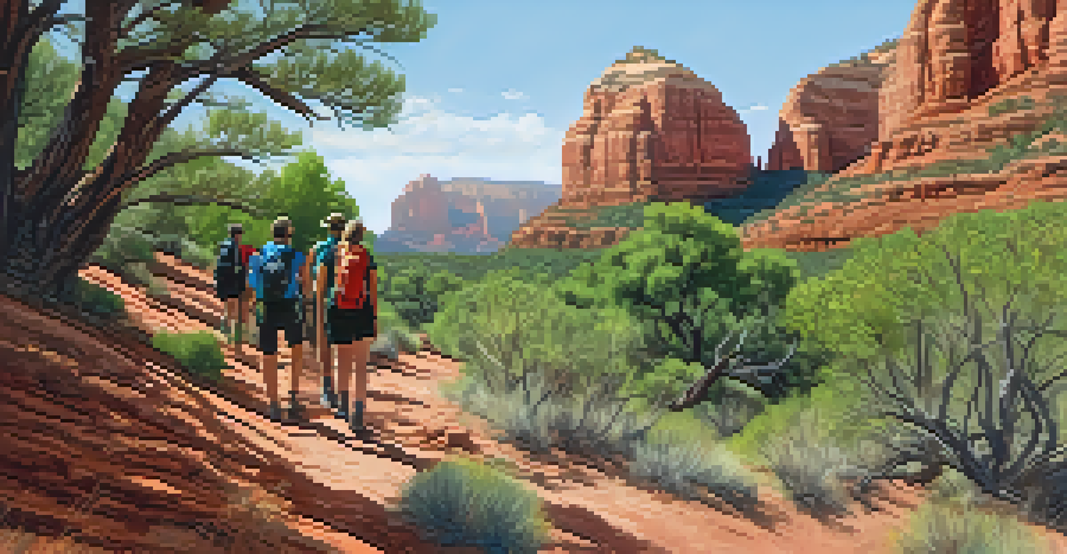 A group of happy hikers on a Sedona trail, surrounded by red rock cliffs and greenery.