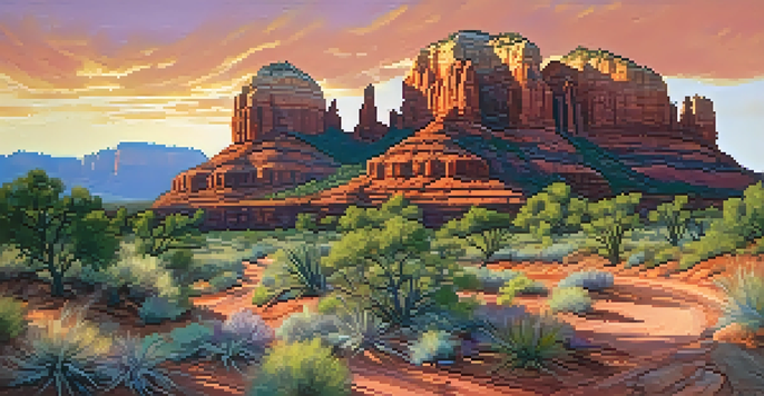 A breathtaking sunset view of Sedona's red rock formations, showcasing vibrant colors and a winding trail.