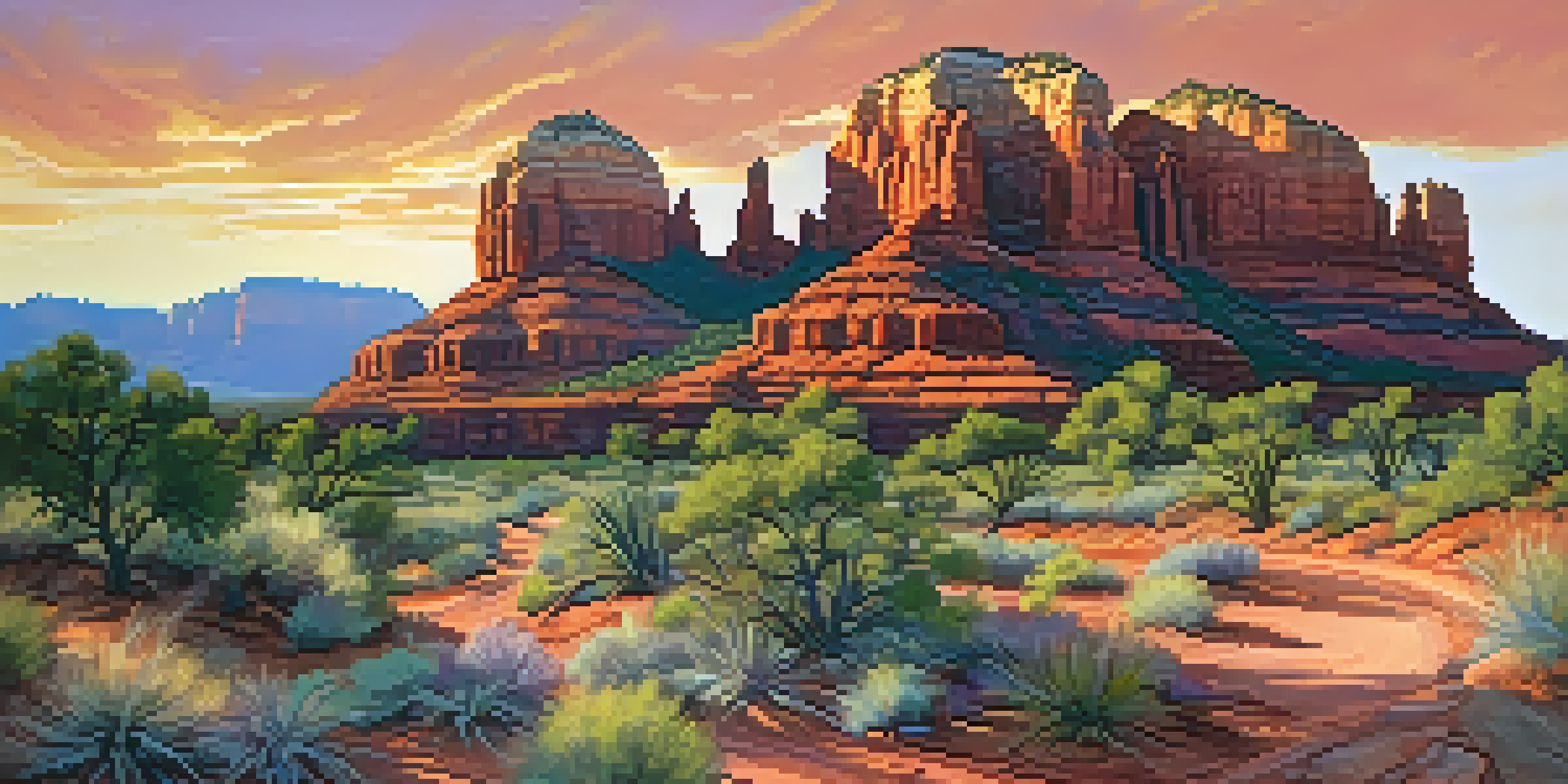 A breathtaking sunset view of Sedona's red rock formations, showcasing vibrant colors and a winding trail.