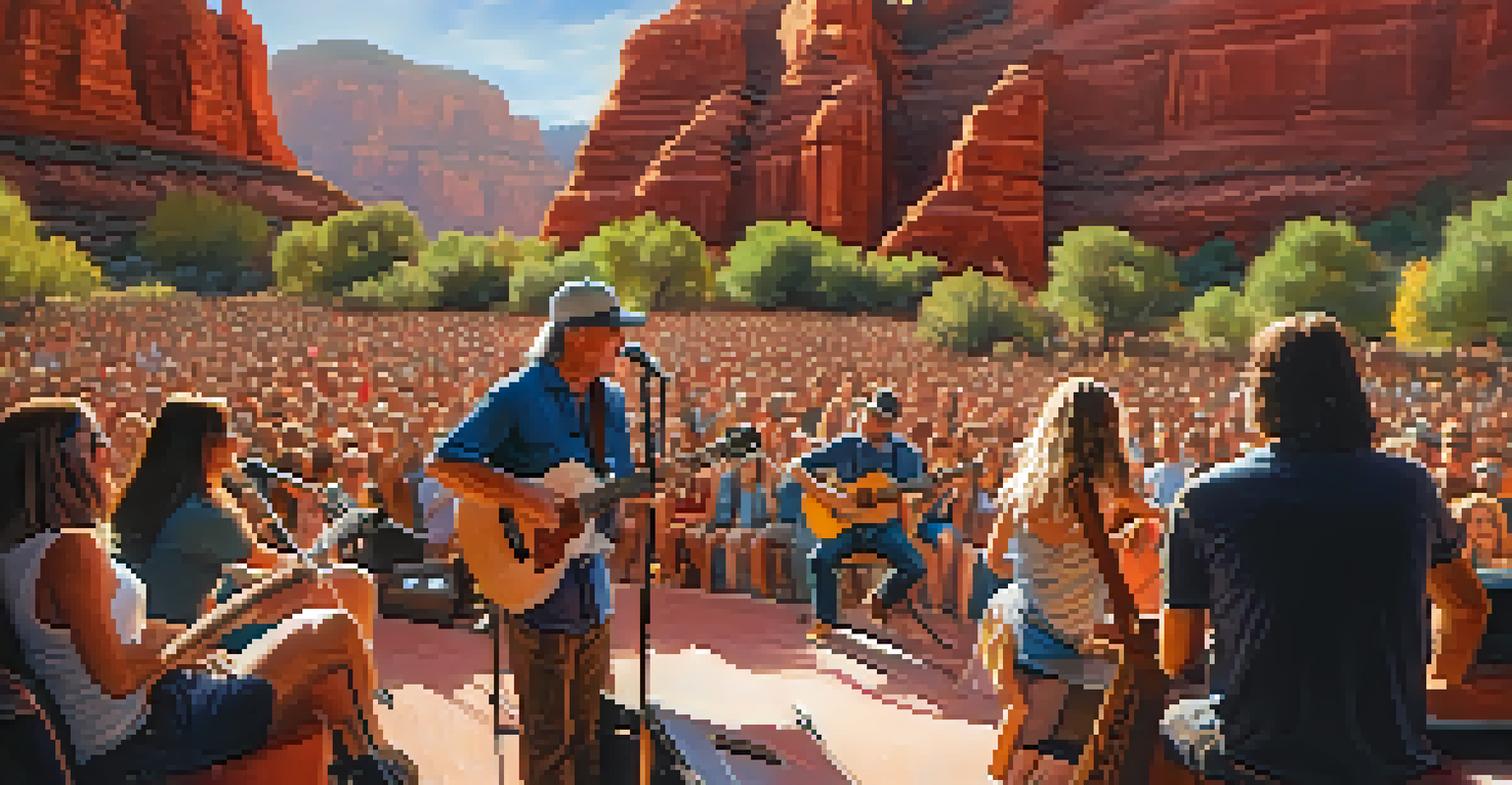 A close-up of musicians performing on stage at a Sedona music festival, with engaged audience and red rocks in the background.