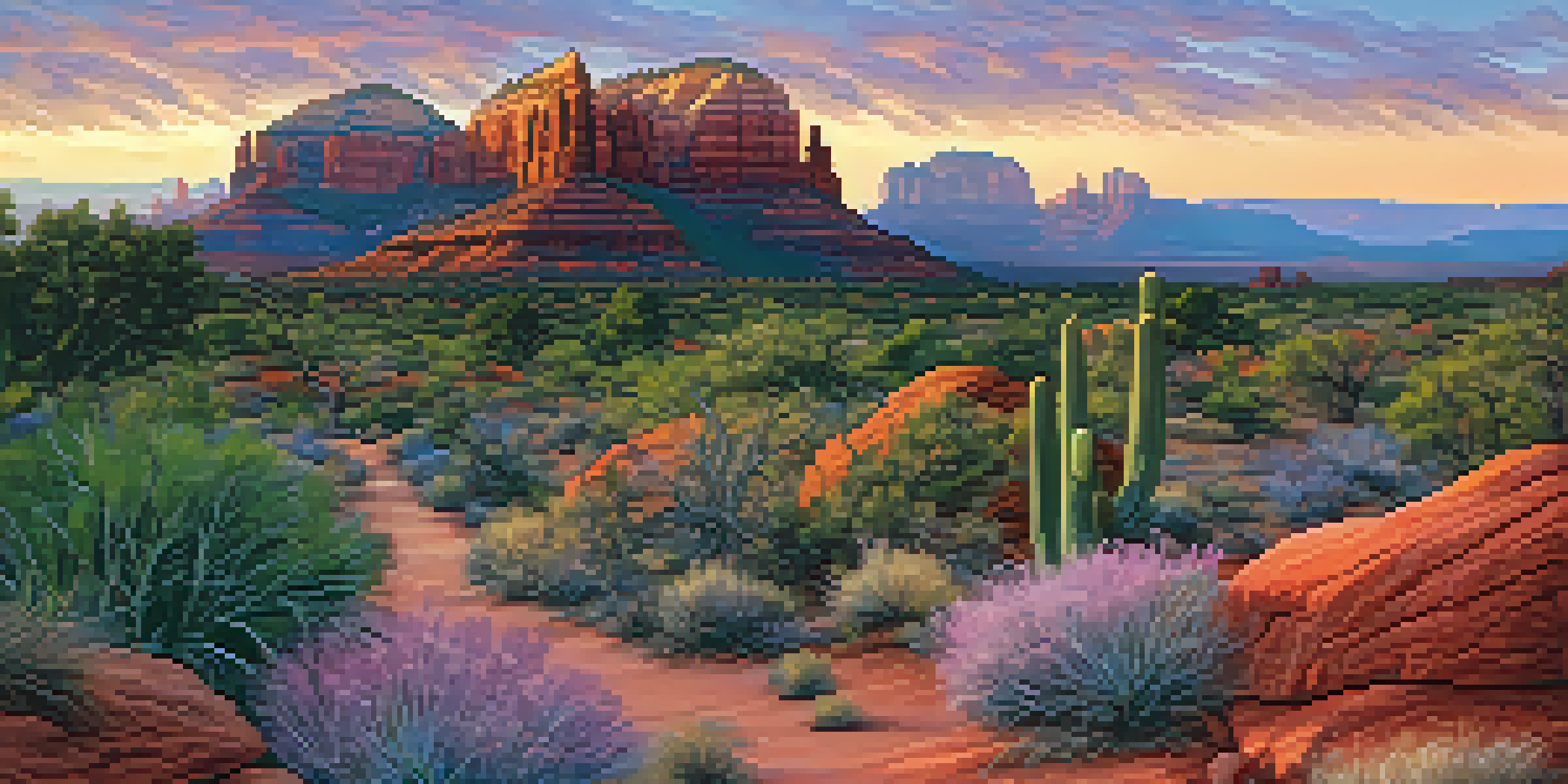A scenic sunset view of Sedona's red rock formations with an accessible trail in the foreground, featuring vibrant colors in the sky.