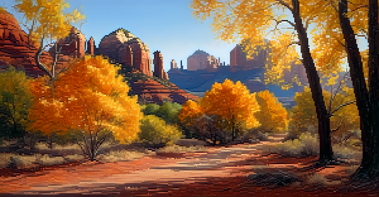 An autumn scene in Sedona featuring colorful foliage of trees, with red rock formations in the background and a quiet hiking trail.