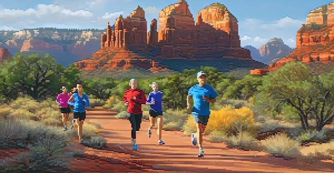 A diverse group of runners from Sedona's Running Club jogging on a beautiful trail with red rock formations in the background, enjoying a sunny day.