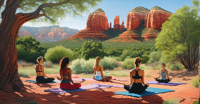 A group of diverse individuals practicing yoga on a grassy area in Sedona, Arizona, with red rock formations in the background and soft sunlight filtering through the trees.