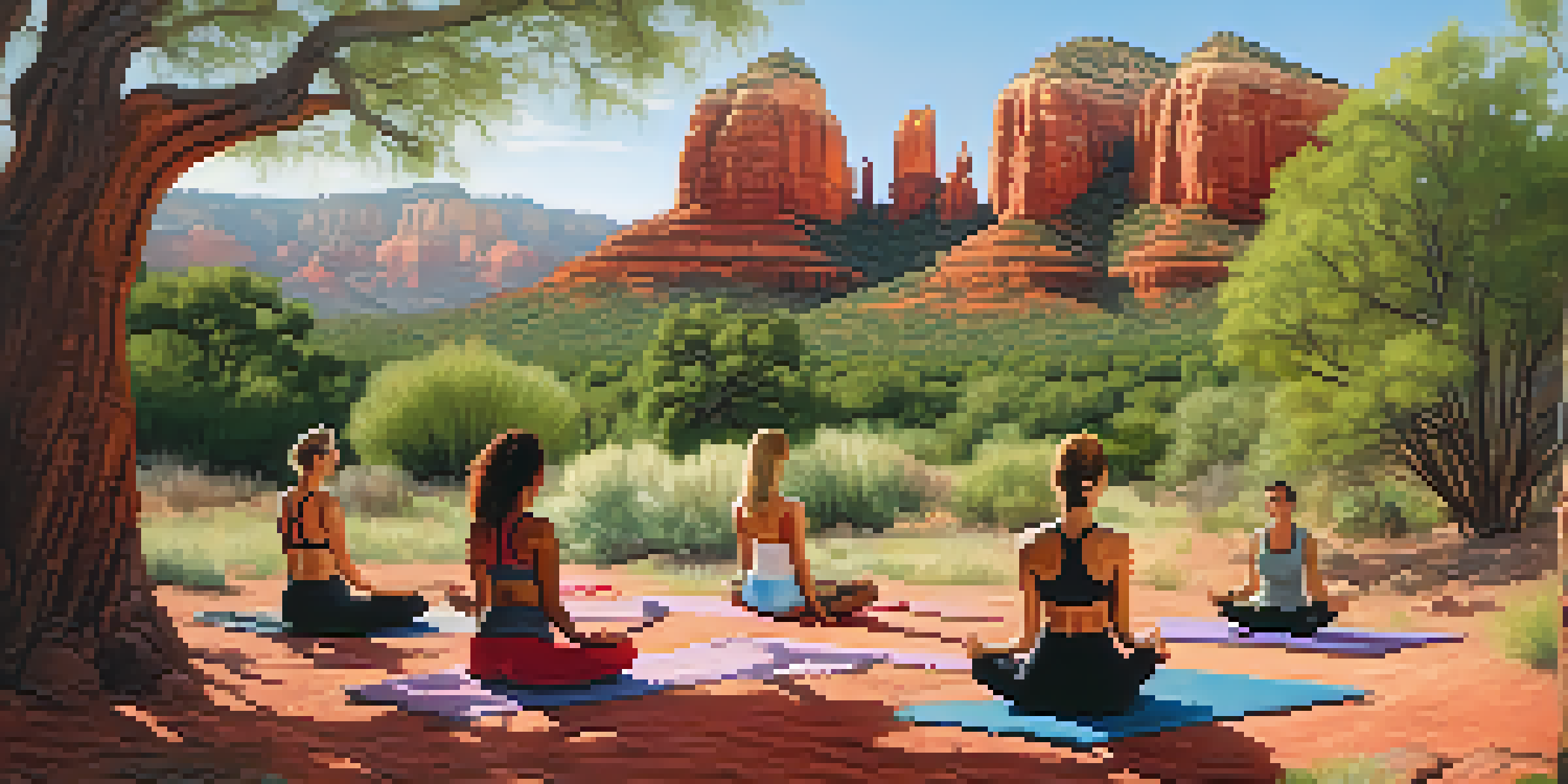 A group of diverse individuals practicing yoga on a grassy area in Sedona, Arizona, with red rock formations in the background and soft sunlight filtering through the trees.