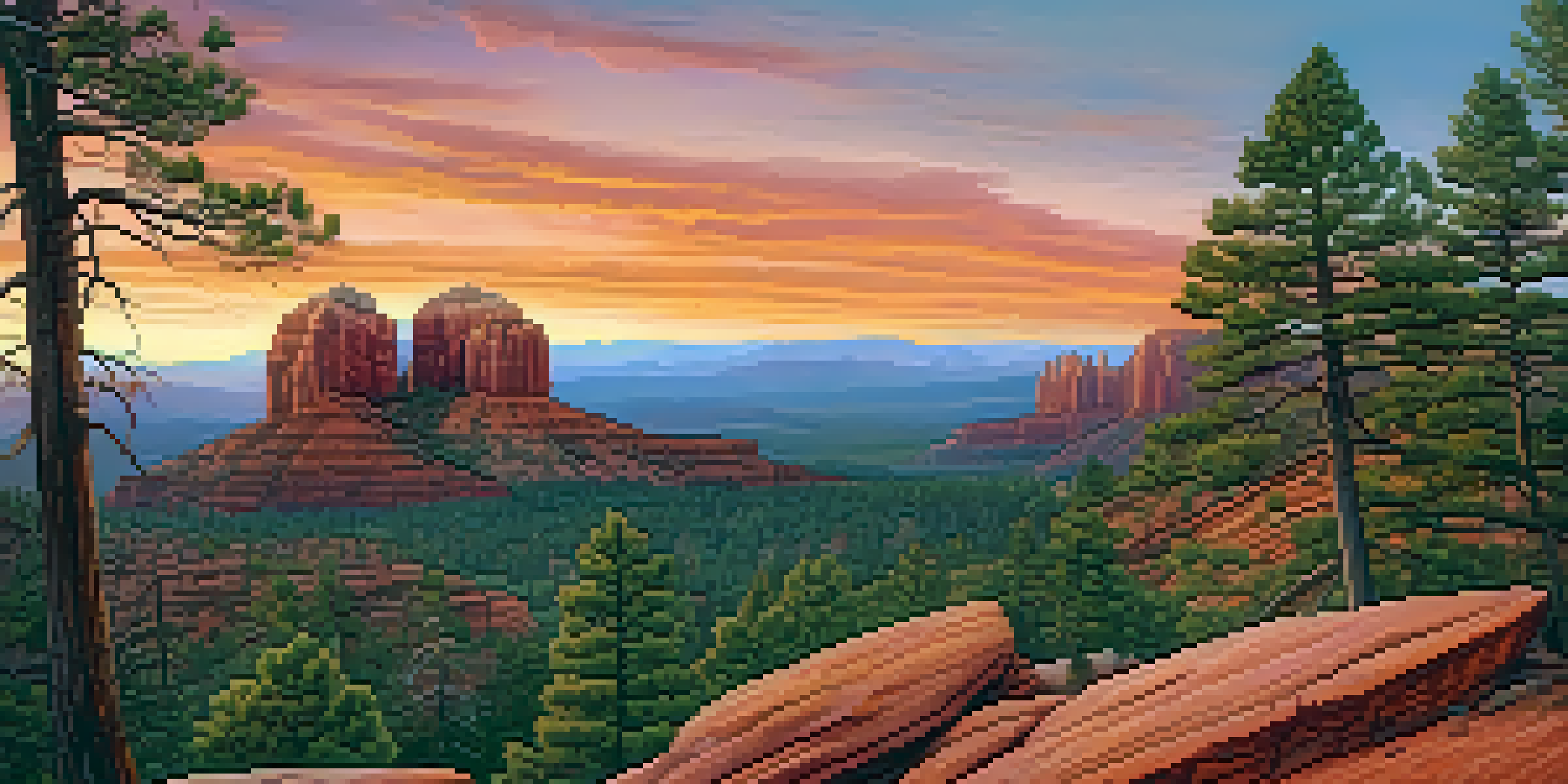 A breathtaking sunset view of Cathedral Rock with vibrant orange and pink colors illuminating the red rock formations, surrounded by pine trees.