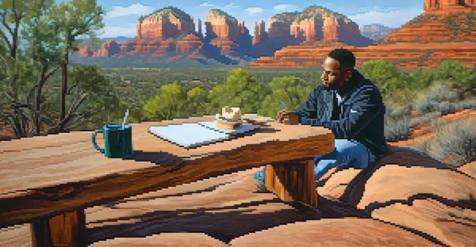 S. Omar Barker writing in a notebook while sitting on a bench in Sedona's beautiful landscape.