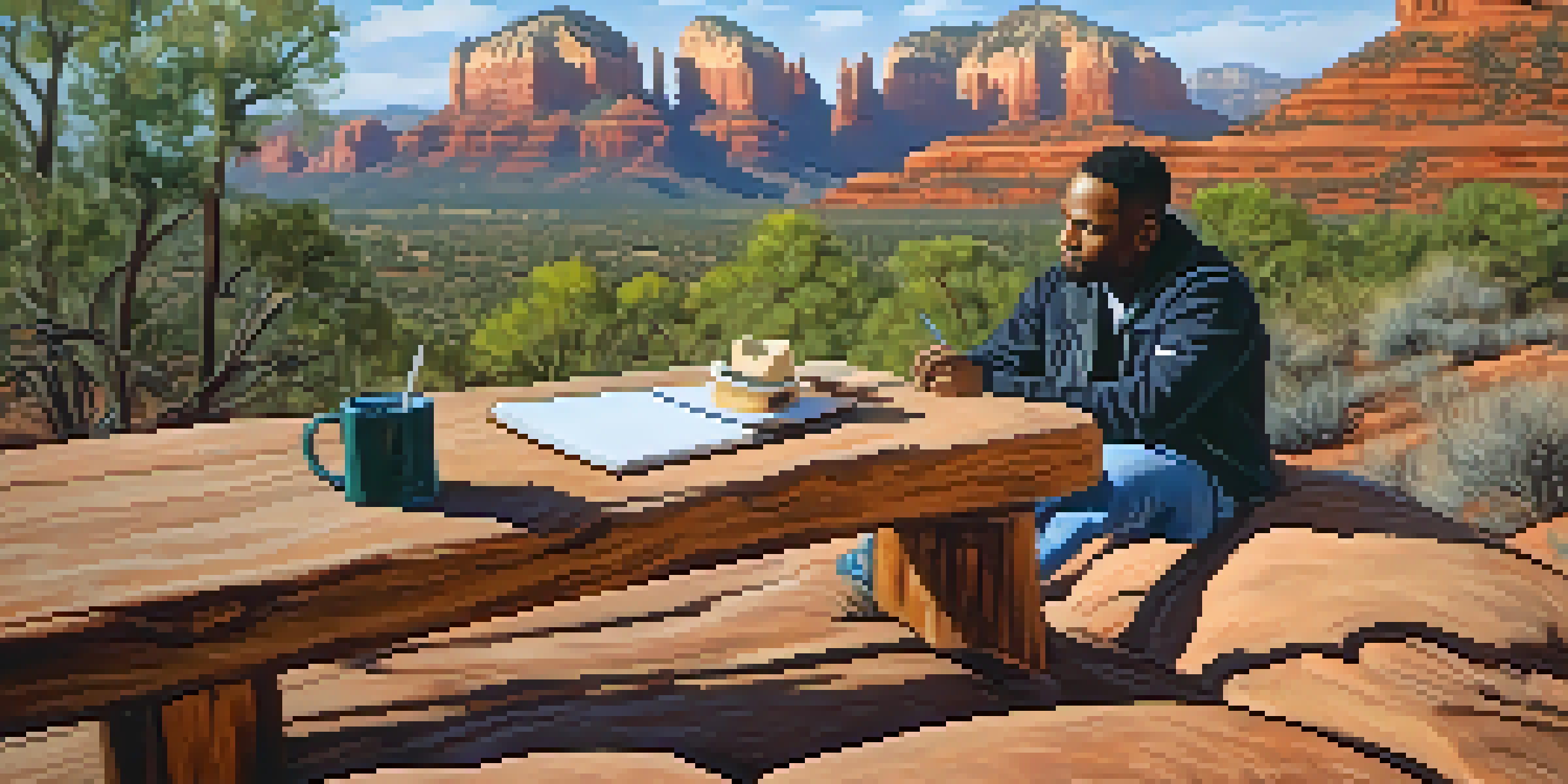 S. Omar Barker writing in a notebook while sitting on a bench in Sedona's beautiful landscape.