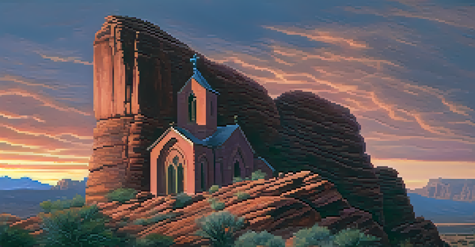 The Chapel of the Holy Cross in Sedona at twilight, with soft lighting and ethereal figures visible inside.