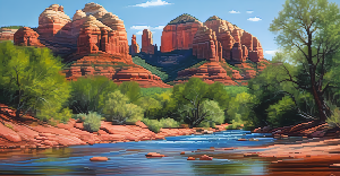 A scenic view of Sedona's red rock formations and a flowing river under a blue sky.