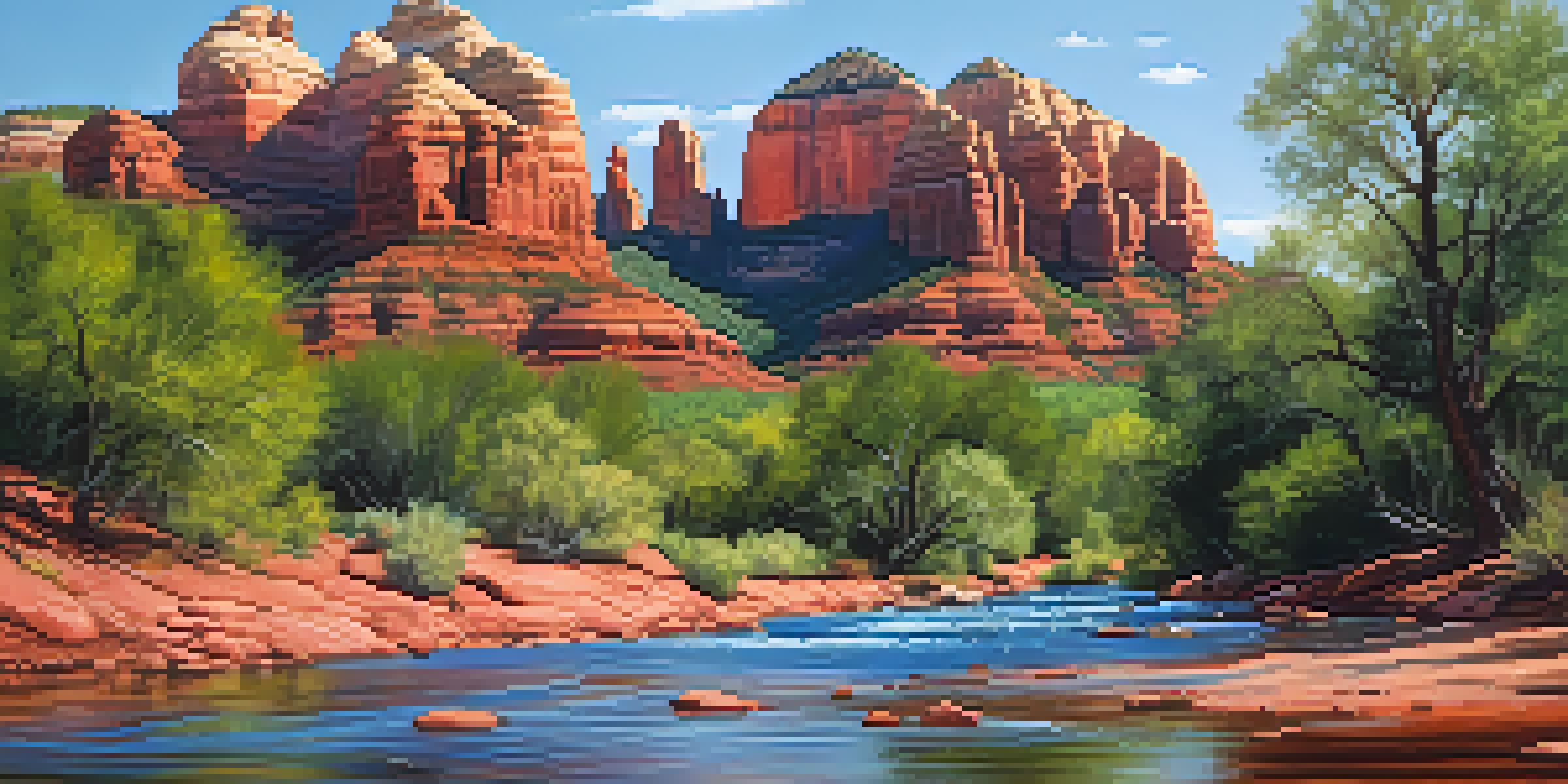 A scenic view of Sedona's red rock formations and a flowing river under a blue sky.