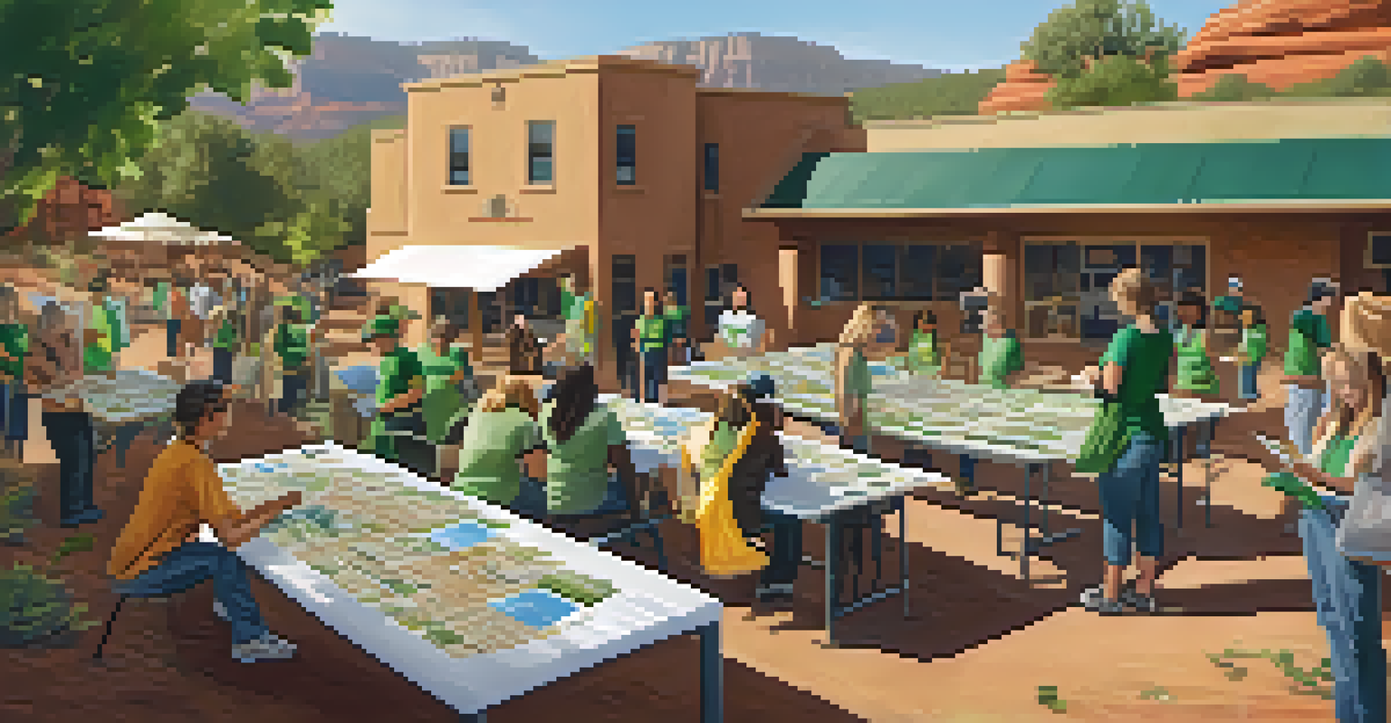Participants learning about sustainable practices during a community clean-up event in Sedona, surrounded by recycling materials and informational posters.