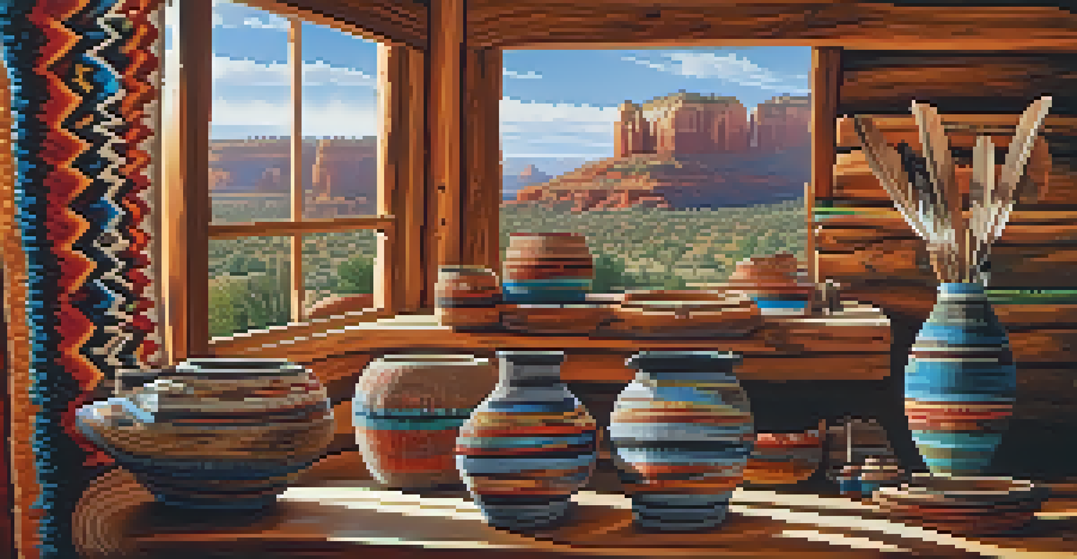 An array of Native American crafts including beadwork and pottery in a Sedona gallery.