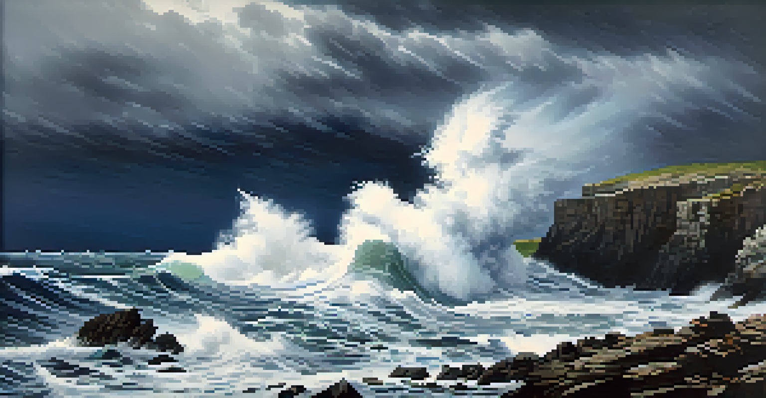A stormy coastline with dark clouds and crashing waves against rugged cliffs, illustrating the power of nature.