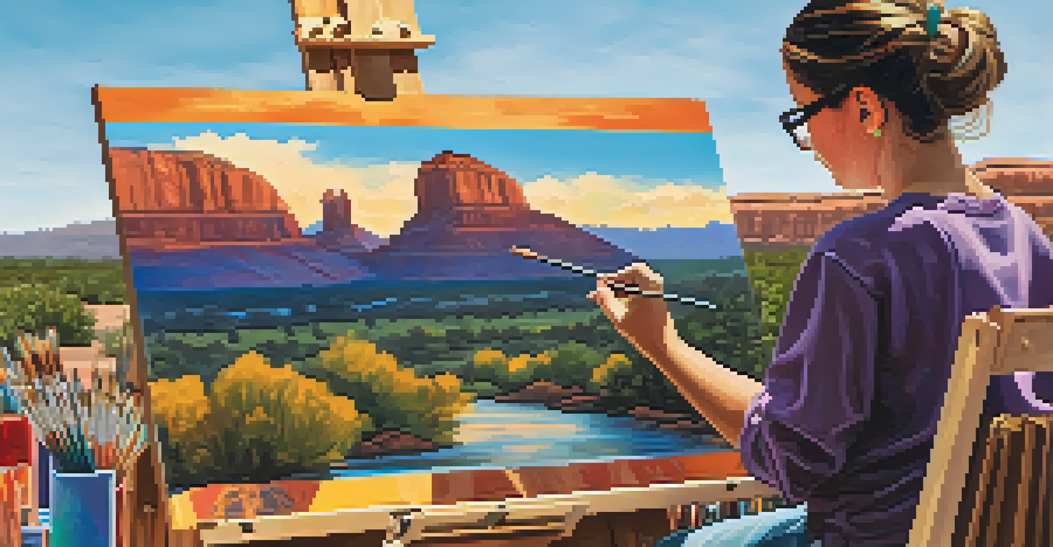 A local artist painting a landscape at the Sedona Arts Festival, with vibrant colors and curious attendees nearby.