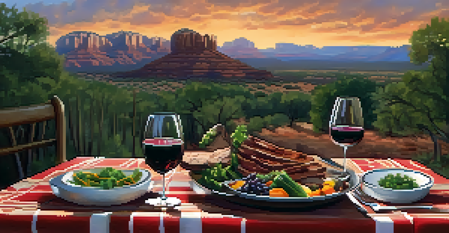 An elegant table setting with wine and gourmet food in a scenic outdoor setting.