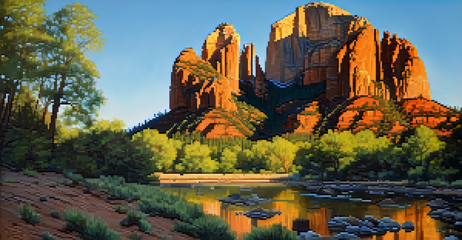 A close-up view of Cathedral Rock with spires and blooming wildflowers in the foreground.