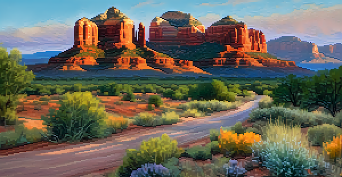 A sunset view of Sedona's red rock formations with a rustic farmhouse and wildflowers in the foreground.