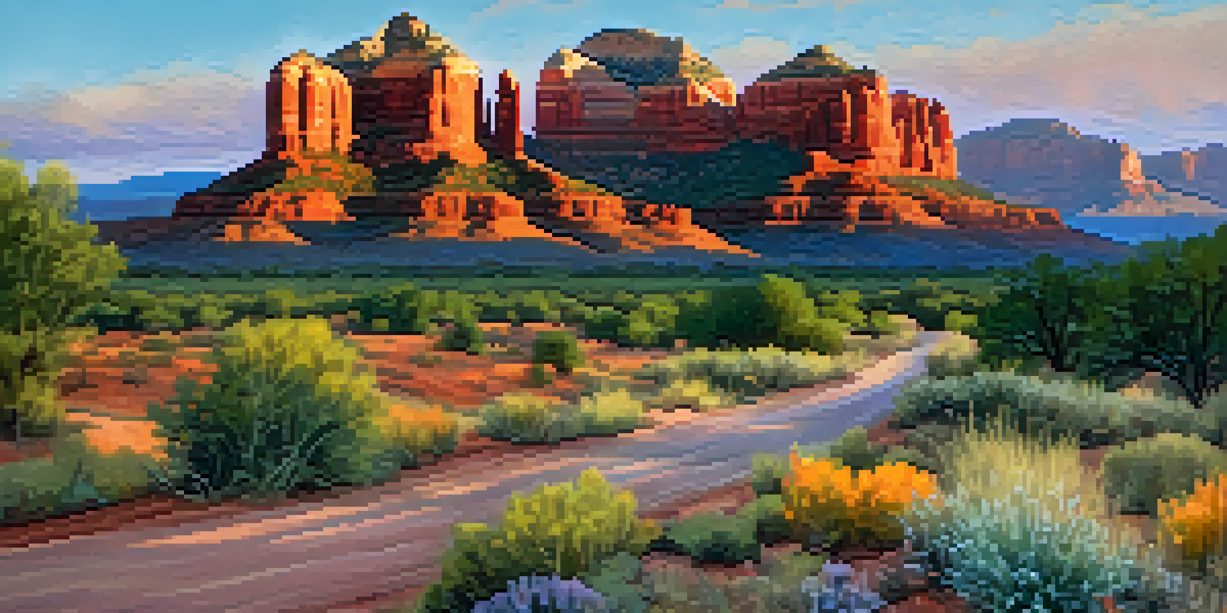 A sunset view of Sedona's red rock formations with a rustic farmhouse and wildflowers in the foreground.