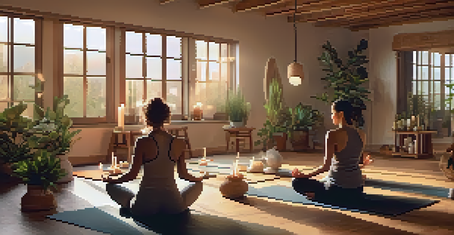 A peaceful indoor restorative yoga class with participants supported by props, surrounded by plants and soft lighting.